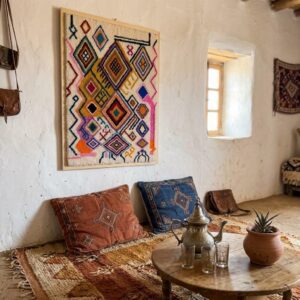 Framed Hand-Tufted Berber Wool Wall Art – Colorful Atlas Symbols Design