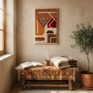 Framed Handwoven Berber Wool Wall Hanging – Terracotta Geometric Design
