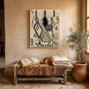 Framed Hand-Tufted Berber Wool Wall Art – Black & Ivory Symbol Design