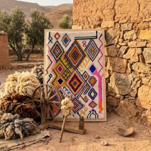 Framed Hand-Tufted Berber Wool Wall Art – Colorful Atlas Symbols Design
