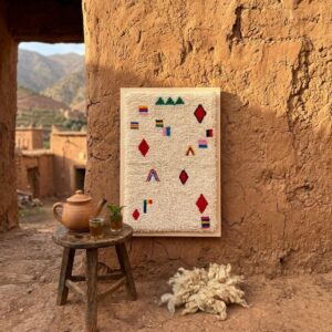 Framed Handwoven Berber Wool Wall Art – Floating Symbol Design