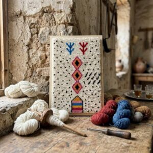 Framed Amazigh Wool Wall Art – Stacked Diamond Symbol Design