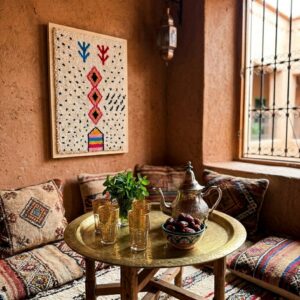 Framed Amazigh Wool Wall Art – Stacked Diamond Symbol Design