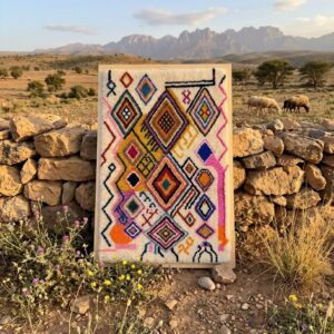 Framed Hand-Tufted Berber Wool Wall Art – Colorful Atlas Symbols Design