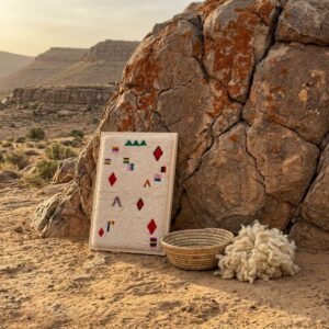 Framed Handwoven Berber Wool Wall Art – Floating Symbol Design