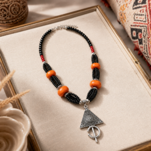 Bohemian Berber-Inspired Statement Necklace – Black, Orange & Silver