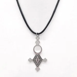 Silver-plated Tuareg cross pendant necklace engraved with traditional ethnic motifs