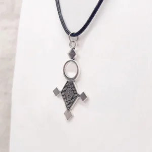 Silver-plated Tuareg cross pendant necklace engraved with traditional ethnic motifs