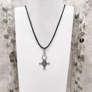 Silver-plated Tuareg cross pendant necklace engraved with traditional ethnic motifs