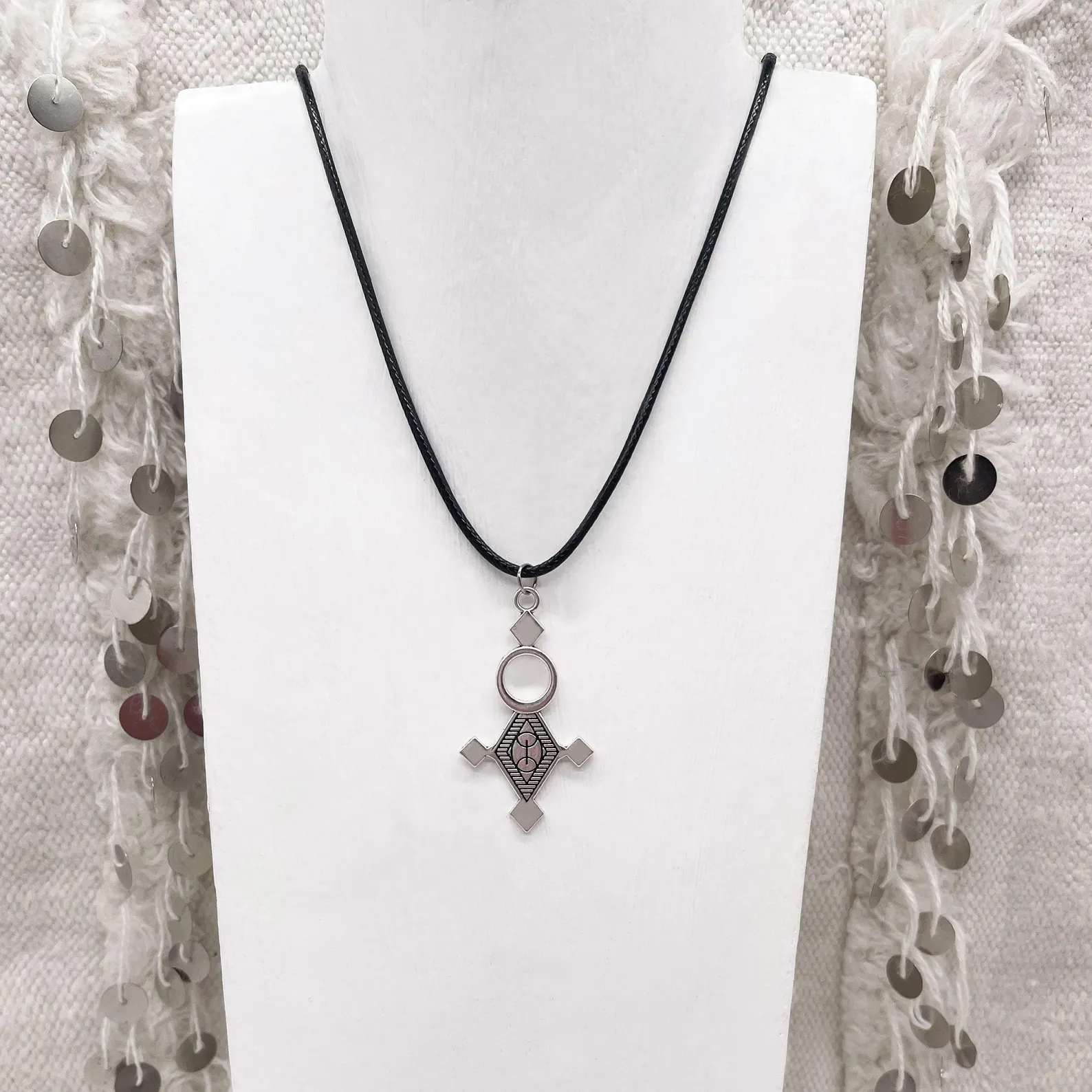 Silver-plated Tuareg cross pendant necklace engraved with traditional ethnic motifs - Image 4