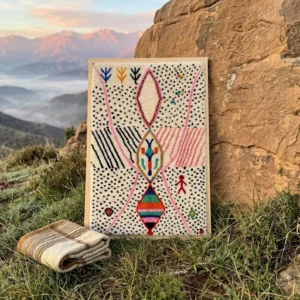 Framed Berber Wool Wall Art, Hand-Knotted Azilal Style Decor, Bohemian Fiber Art