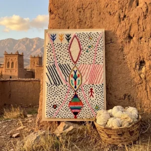 Framed Berber Wool Wall Art, Hand-Knotted Azilal Style Decor, Bohemian Fiber Art