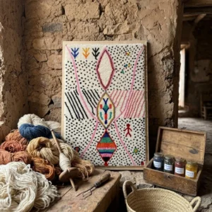 Framed Berber Wool Wall Art, Hand-Knotted Azilal Style Decor, Bohemian Fiber Art