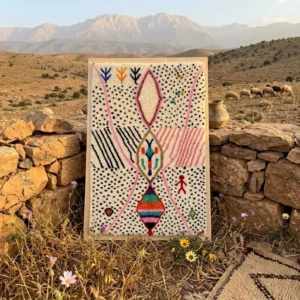 Framed Berber Wool Wall Art, Hand-Knotted Azilal Style Decor, Bohemian Fiber Art
