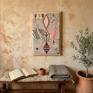 Framed Berber Wool Wall Art, Hand-Knotted Azilal Style Decor, Bohemian Fiber Art