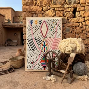 Framed Berber Wool Wall Art, Hand-Knotted Azilal Style Decor, Bohemian Fiber Art