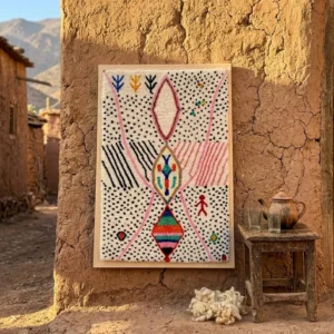 Framed Berber Wool Wall Art, Hand-Knotted Azilal Style Decor, Bohemian Fiber Art