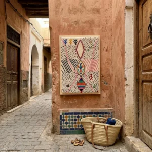 Framed Berber Wool Wall Art, Hand-Knotted Azilal Style Decor, Bohemian Fiber Art