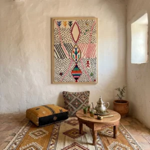 Framed Berber Wool Wall Art, Hand-Knotted Azilal Style Decor, Bohemian Fiber Art