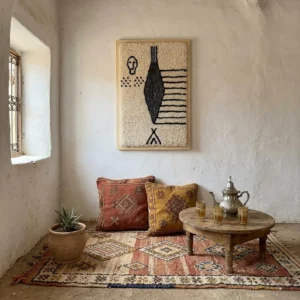 Hand-Tufted Amazigh Wool Wall Art – Ancient Symbols Design