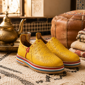 Yellow Babouche Slippers – Genuine Leather with Amazigh Geometric Design