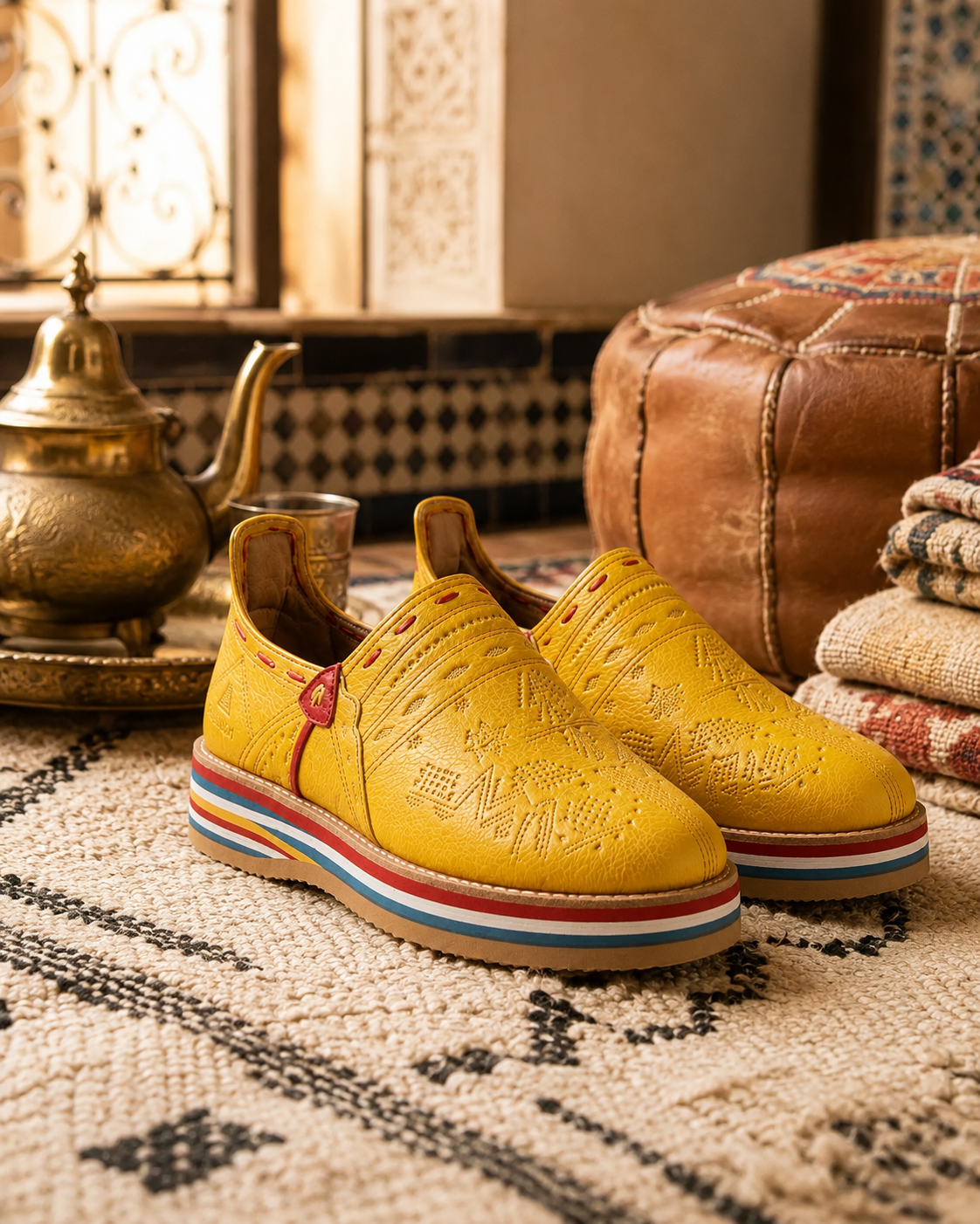 Yellow Babouche Slippers – Genuine Leather with Amazigh Geometric Design - Image 2