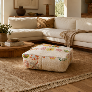 Handmade Wool Pouf – Ivory Floral Berber-Inspired Floor Cushion