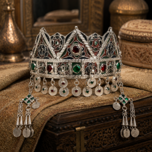 Amazigh Bridal Crown – Traditional Berber Headpiece with Enamel & Coin Charms