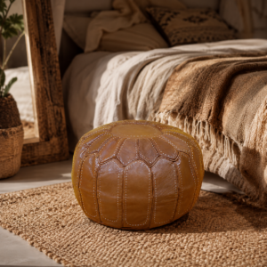Handmade Moroccan Leather Pouf – Round Brown Leather Ottoman