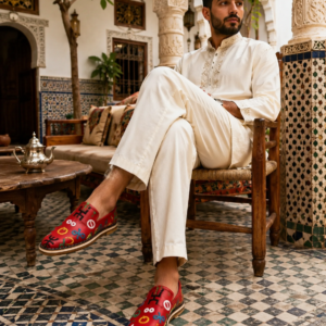 Red Moroccan Babouche Slippers – Leather Shoes with Colorful Embroidery