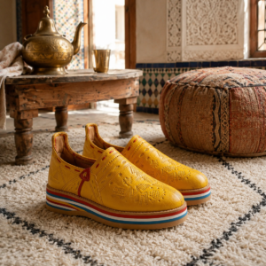 Yellow Babouche Slippers – Genuine Leather with Amazigh Geometric Design