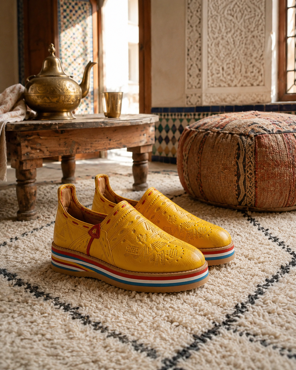 Yellow Babouche Slippers – Genuine Leather with Amazigh Geometric Design