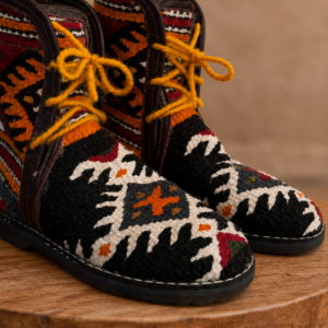 Authentic Amazigh Kilim Ankle Boots – Handmade Berber Footwear with Tribal Patterns