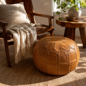 Handmade Moroccan Leather Pouf – Round Brown Leather Ottoman