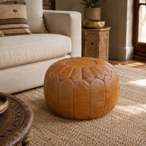 Handmade Moroccan Leather Pouf – Round Brown Leather Ottoman