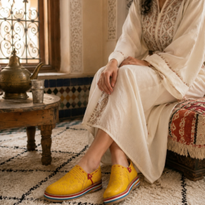 Yellow Babouche Slippers – Genuine Leather with Amazigh Geometric Design