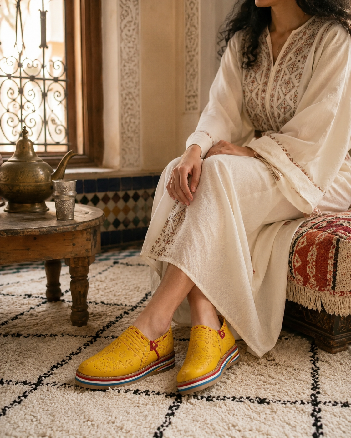 Yellow Babouche Slippers – Genuine Leather with Amazigh Geometric Design - Image 3