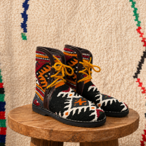 Authentic Amazigh Kilim Ankle Boots – Handmade Berber Footwear with Tribal Patterns
