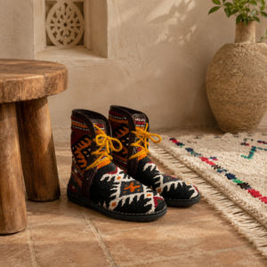 Authentic Amazigh Kilim Ankle Boots – Handmade Berber Footwear with Tribal Patterns
