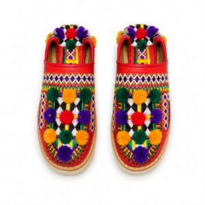 Handmade Babouche Slippers – Leather Mules with Embroidery & Pom Poms