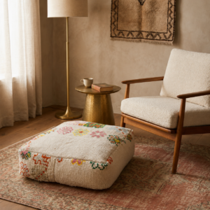 Handmade Wool Pouf – Ivory Floral Berber-Inspired Floor Cushion