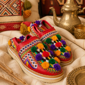 Handmade Babouche Slippers – Leather Mules with Embroidery & Pom Poms