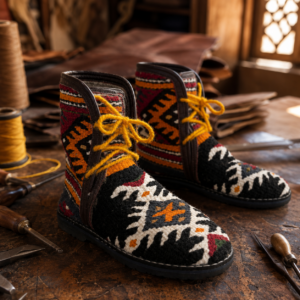 Authentic Amazigh Kilim Ankle Boots – Handmade Berber Footwear with Tribal Patterns