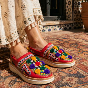 Handmade Babouche Slippers – Leather Mules with Embroidery & Pom Poms