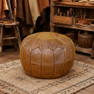 Handmade Moroccan Leather Pouf – Round Brown Leather Ottoman