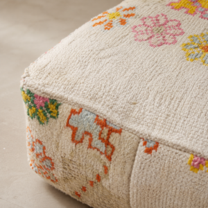 Handmade Wool Pouf – Ivory Floral Berber-Inspired Floor Cushion