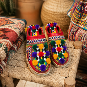 Handmade Babouche Slippers – Leather Mules with Embroidery & Pom Poms