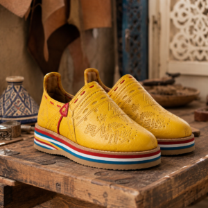 Yellow Babouche Slippers – Genuine Leather with Amazigh Geometric Design