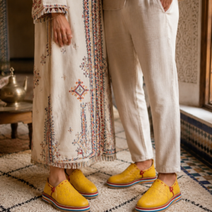 Yellow Babouche Slippers – Genuine Leather with Amazigh Geometric Design