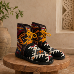 Authentic Amazigh Kilim Ankle Boots – Handmade Berber Footwear with Tribal Patterns